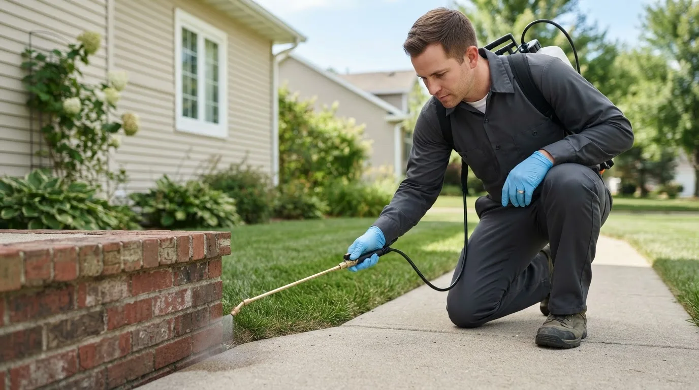 Pest control technician treating a home near Comstock Park, MI