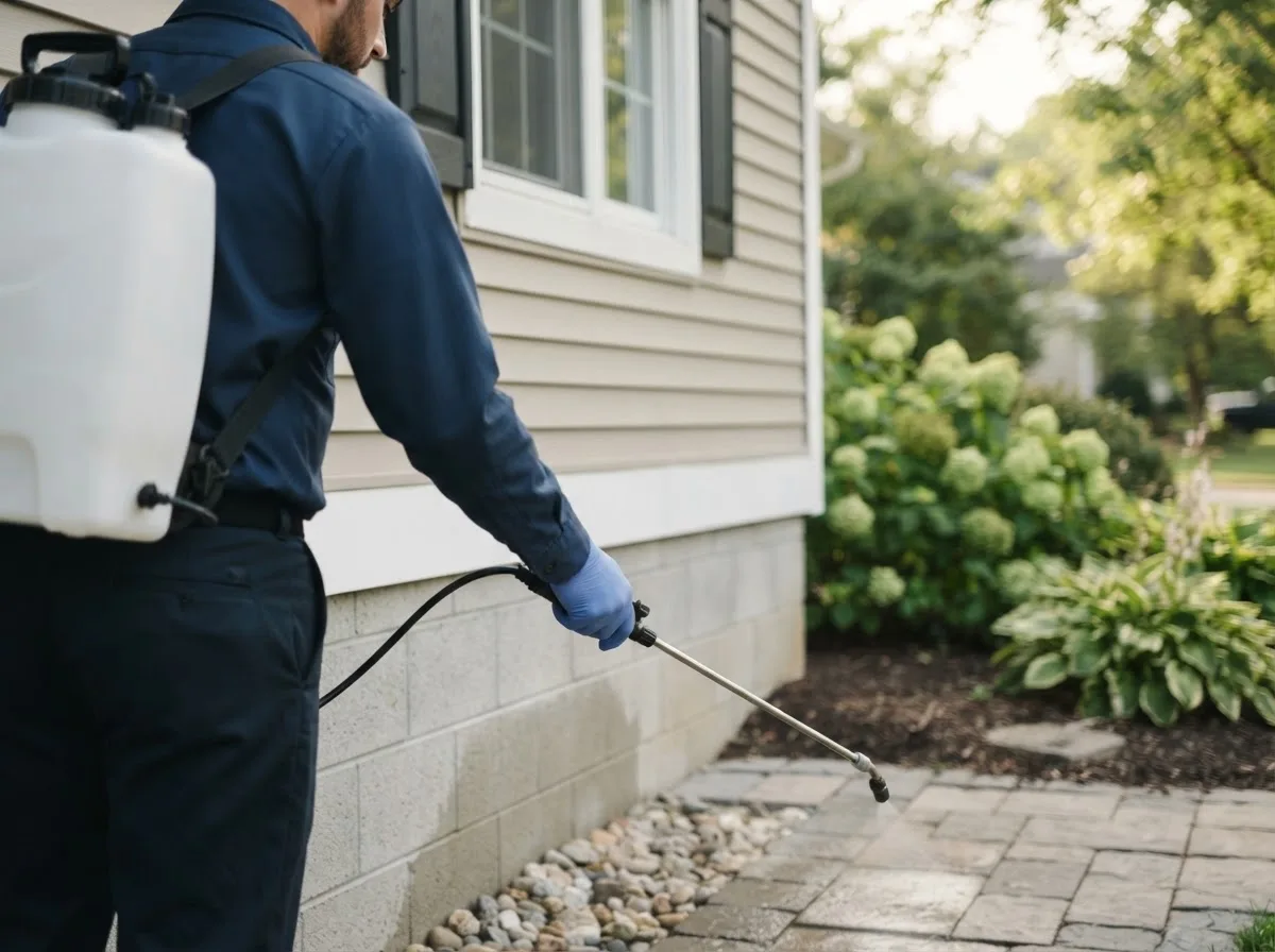 Pest control technician inspecting a home in Comstock Park, MI